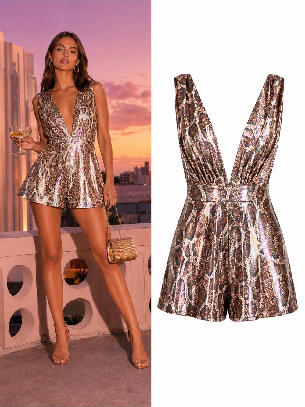 Superdown Holly Iridescent Snake Print Deep V Romper Medium NWOT